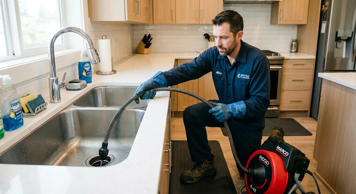 Drain cleaning technician using a motorized snake on a kitchen sink in East Hampton