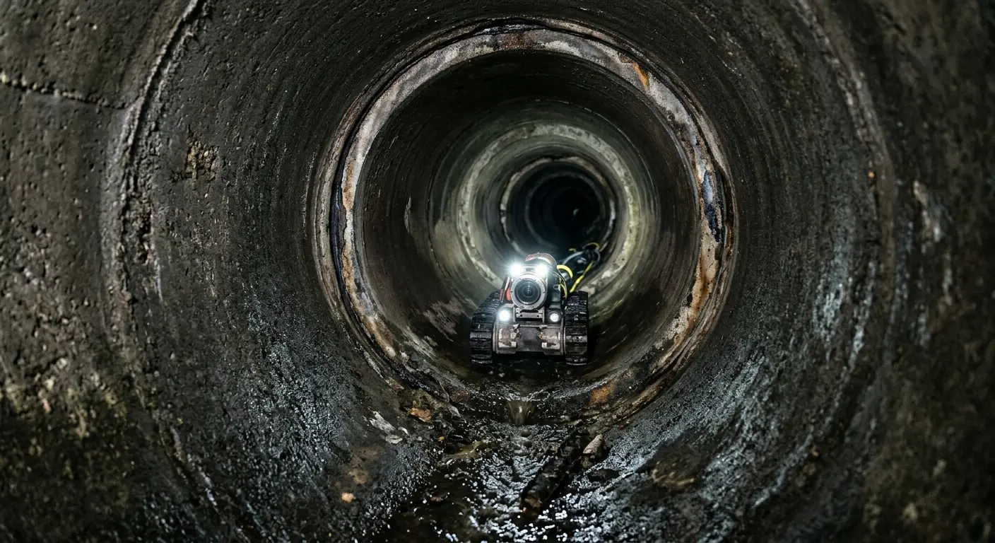 Robotic sewer camera inspecting pipe interior for Drain Snake Service in East Hampton