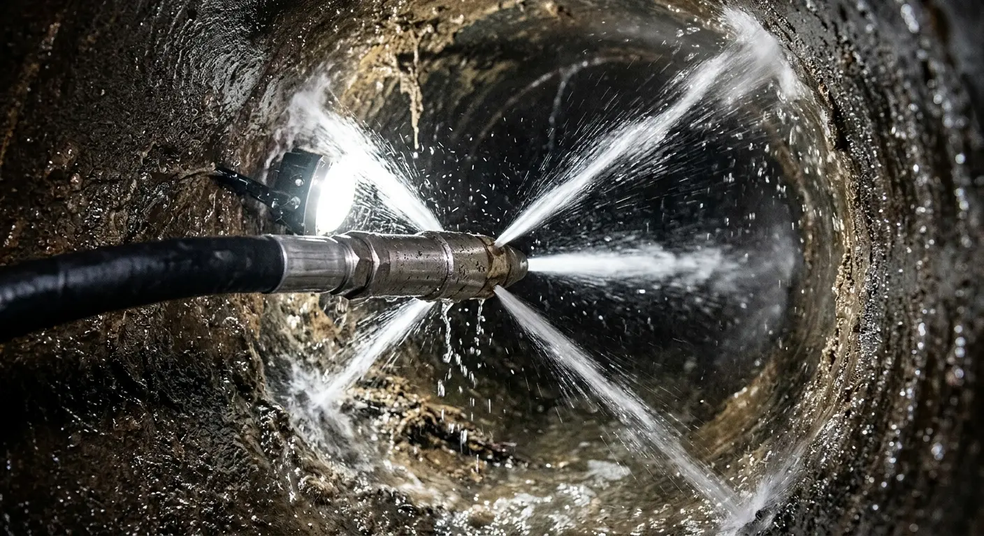 High-pressure hydro jetting nozzle cleaning sewer pipe for Storm Drain Cleaning in East Hampton