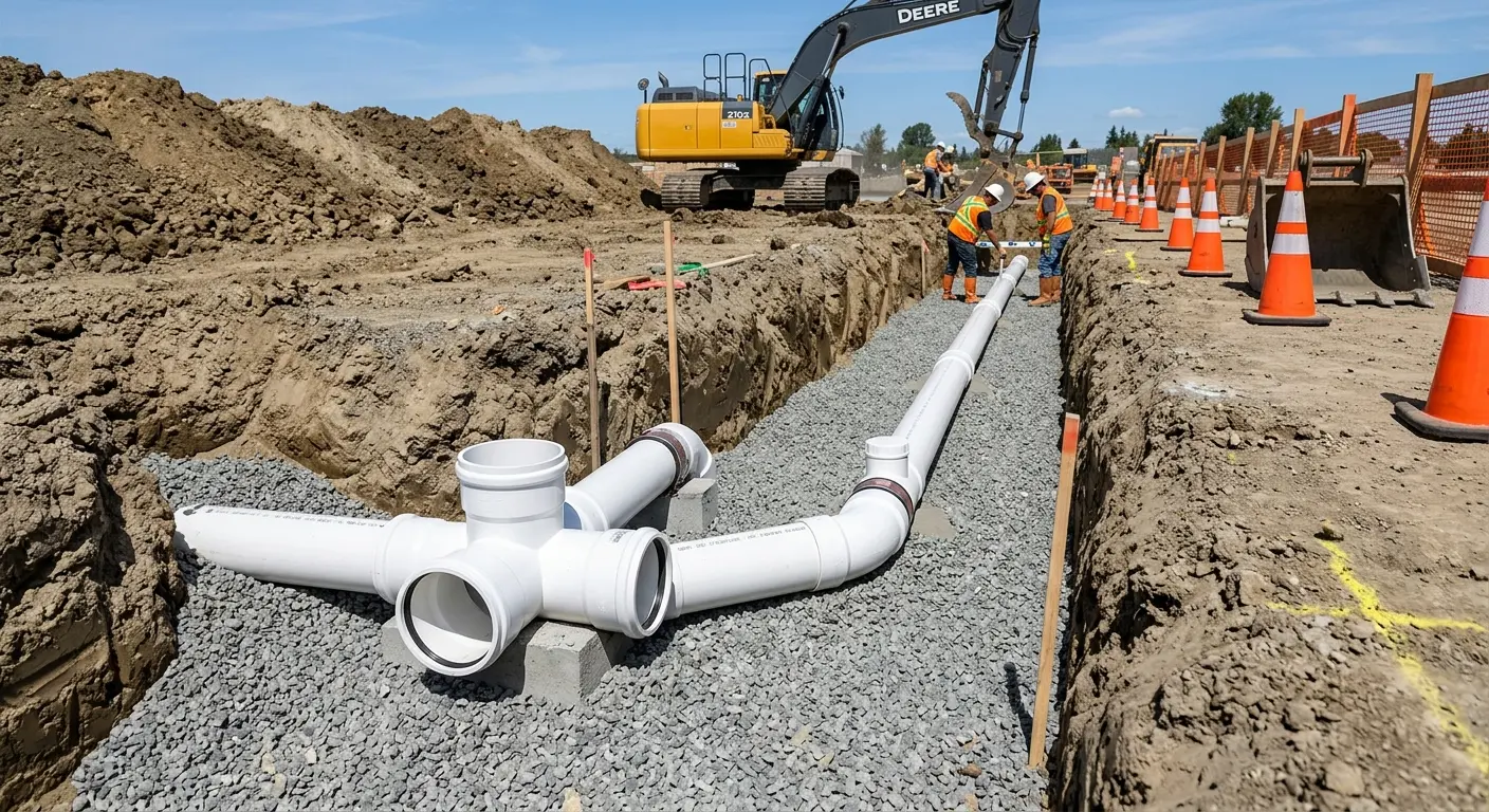 New PVC sewer pipe installation in open trench for Commercial Drain Cleaning in East Hampton